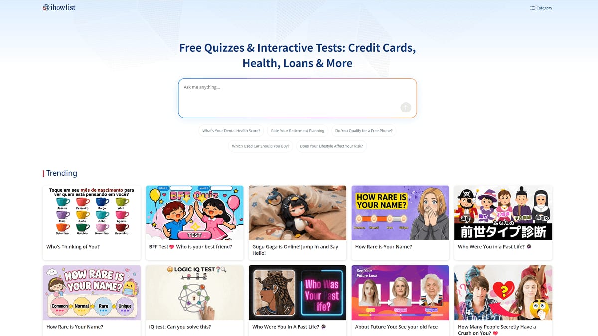 iHowlist quiz product homepage screenshot