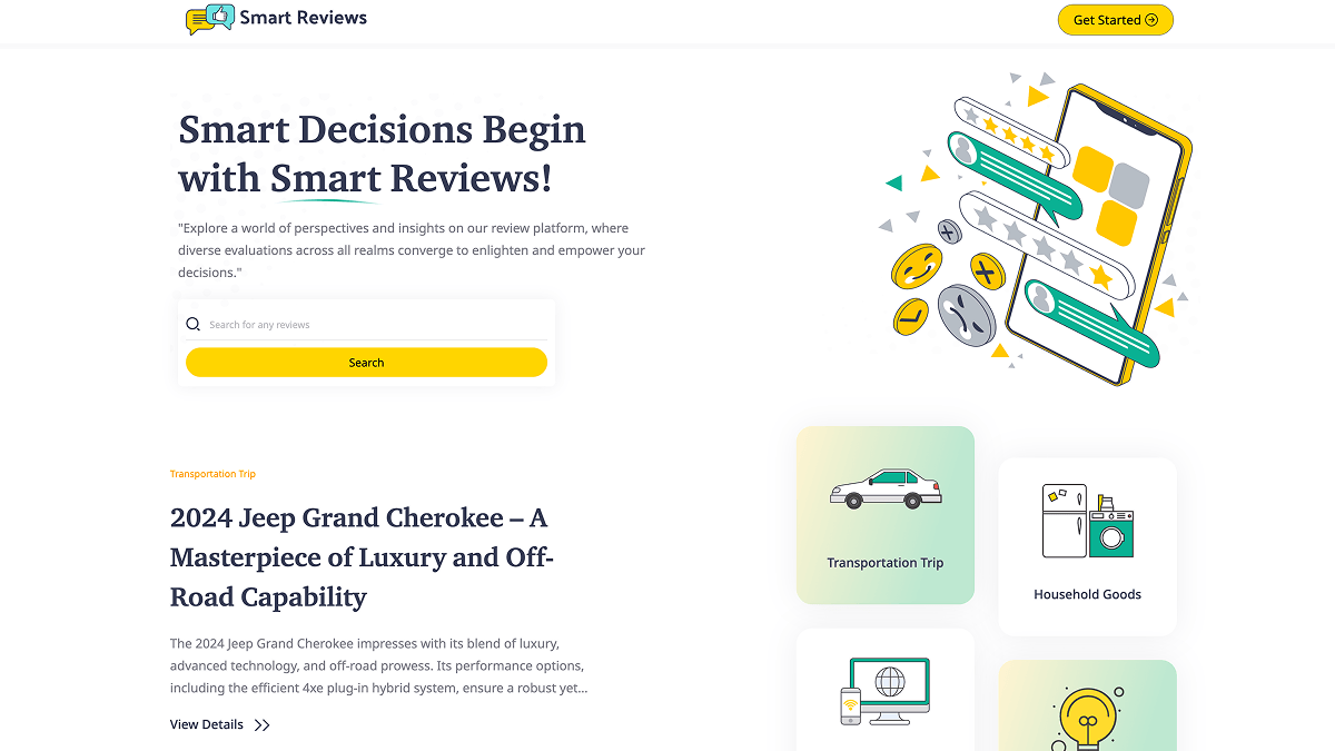 Smart Reviews product homepage screenshot